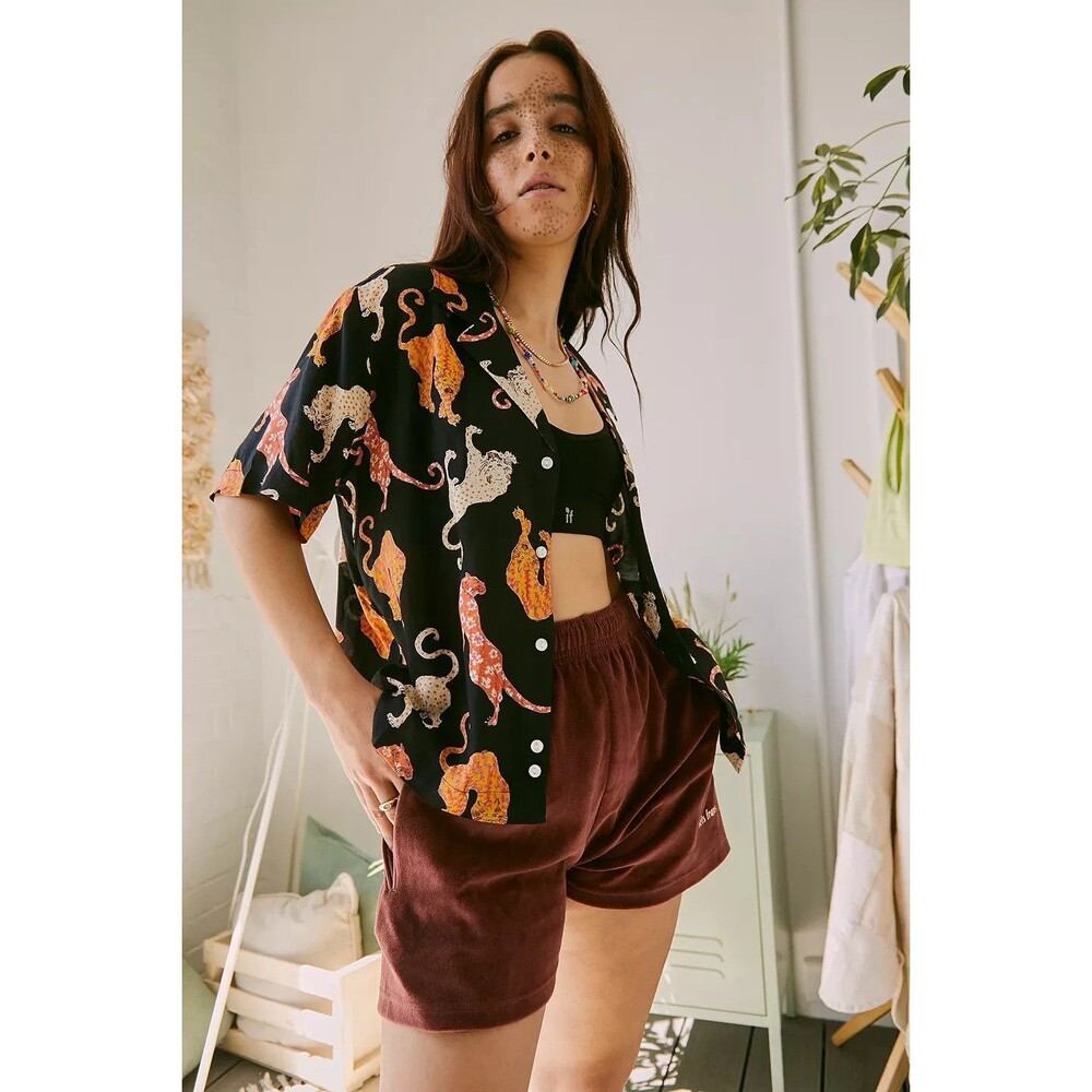 Urban Outfitters UO Hayden Cat Tiger Print Button-Through Shirt Blouse Size S
